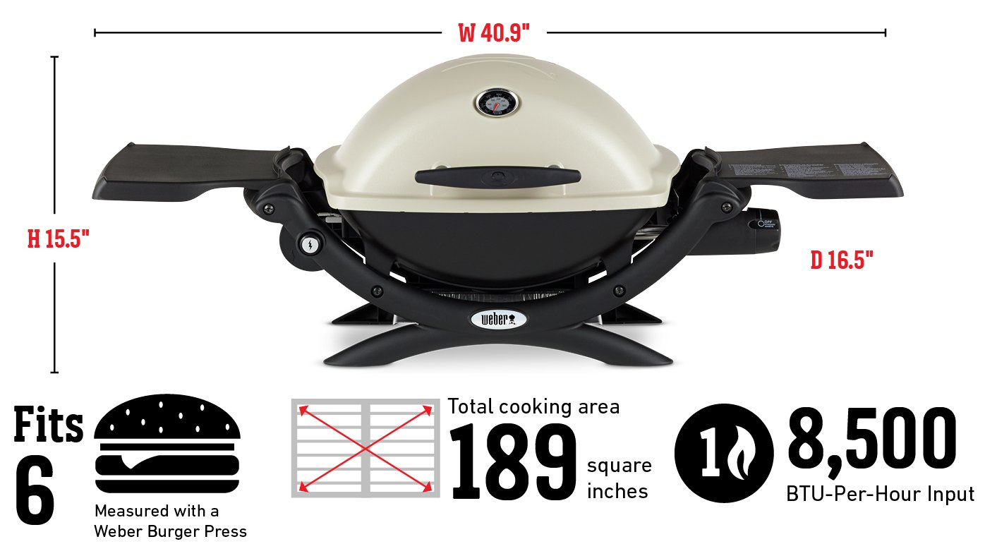 Con capacidad para 6 hamburguesas según la medida de la prensa para hamburguesas Weber; superficie de cocción total de 1219 cm²; quemadores de 8,500 BTU/h